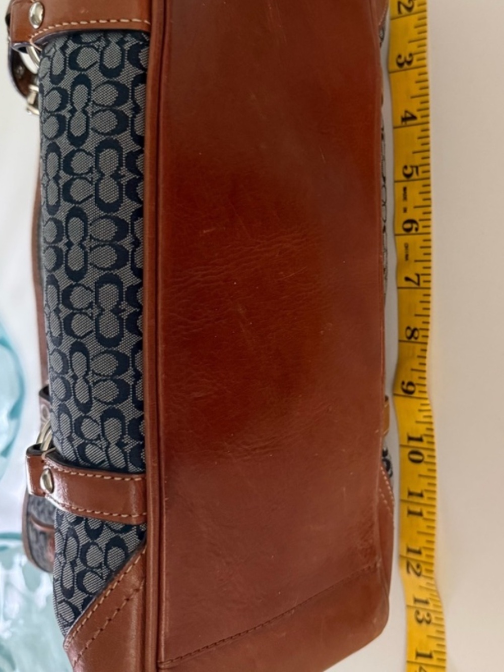 Coach Navy mini Cc Canvas Shoulder Tote with British Tan Leather Trim - Picture 4 of 6